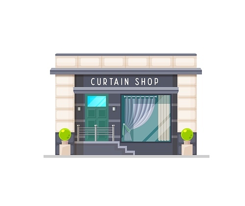 Interior of curtain shop building, window drapery store, vector architecture facade. Home design and house room textile boutique or salon of curtains, tulle and shutters in showroom or showcase