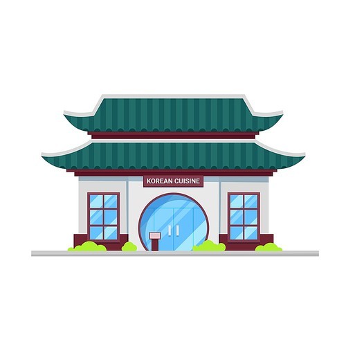 Korean cuisine restaurant building cartoon vector icon of Asian street food cafe or bar. Oriental house with hip roof, glass door, menu board stand and signboard, Asian restaurant building