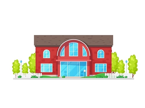 Residential house building exterior with glass doors on main entrance, architecture icon. Vector house or home villa and mansion facade, family townhouse cottage, private property apartment