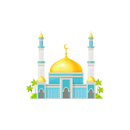 Arabian mosque with crescent in golden dome. Islam religious building with entrance arches and high minarets, ancient mosque facade, muslim architecture isolated vector temple front view