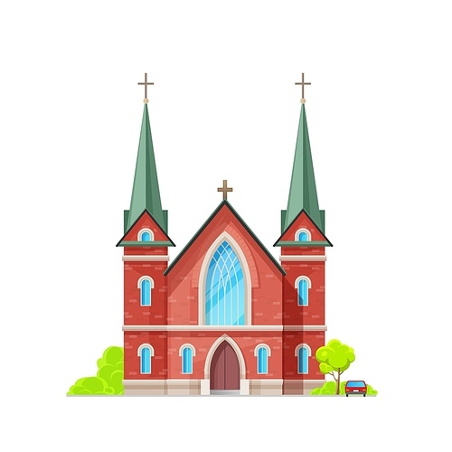 Catholic church or temple building icon, Christianity cathedral, vector religious architecture. Catholic, evangelic or protestant church or chapel, shrine of God and Jesus with crucifix cross