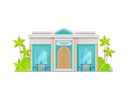 Turkish cuisine restaurant building icon. City street cafe with arab ornaments on blue tile, columns and outdoors tables, chairs. Turkish food restaurant facade, cartoon vector exterior front view