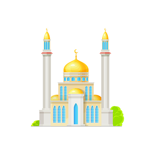 Mosque building icon. Islam religion temple with golden domes, narrow windows and crescents on high minarets towers. Antique mosque facade, arabian religious vector building