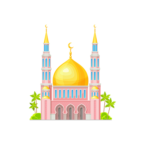 Islamic mosque building with golden dome and minarets. Arabic architecture, islam religion temple, isolated vector muslim mosque or palace exterior facade with crescent on towers spires