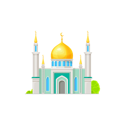 Islamic mosque or ancient arabian palace building. Islam religion antique mosque with golden dome and spires on minarets. Arabic architecture religious cartoon vector building facade