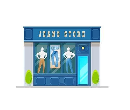 Jeans clothing shop building storefront. City street store, mens clothing shop classic, retro design showcase with mannequin or dummy in jeans pants. Local business commercial property building