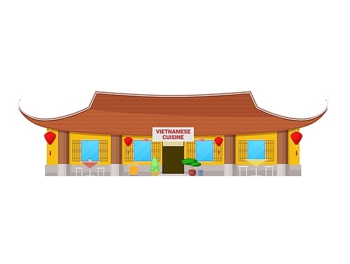 Vietnamese cuisine restaurant building icon. Asian food street cafe vector facade, isolated Vietnamese restaurant or oriental architecture building with curved roof, paper lanterns