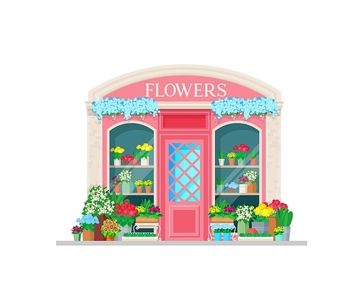 Flower shop building storefront facade. City store, local business kiosk vector retro design glass showcase with live garden flowers in pots and trays, bouquets in buckets