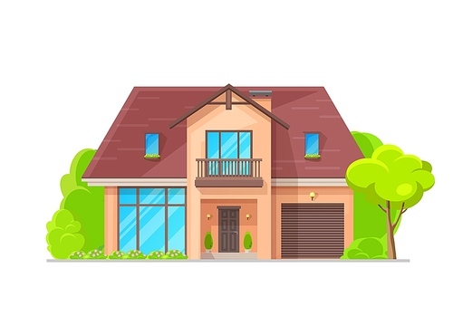 Suburban two-storey residential house building exterior, vector architecture facade. Classic or modern apartments home, family townhouse or villa cottage, mansion or bungalow lodge with garden