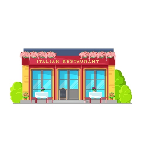 Italian restaurant building vector icon. Mediterranean cuisine cafe, bistro or bar building facade with glass windows, door and menu board stand, tables, chairs and flower pots on terrace