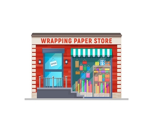 Wrapping paper store shop building storefront. City street building, commercial property or flat vector shop showcase with canopy, paper packets in window and open sign on door