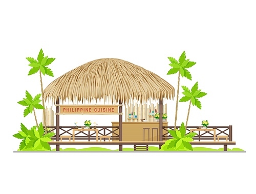 Philippine cuisine restaurant vector building of tropical beach tiki bar, hut cafe or restaurant. Bamboo bungalow with straw roof, wooden tables and chairs, bar counter, signboard and palm trees