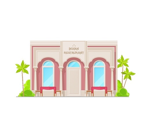 Indian cuisine restaurant vector building icon of street cafe, vegetarian bistro or bar exterior with terrace tables and chairs, white pillars and green palm trees. Commercial real estate industry