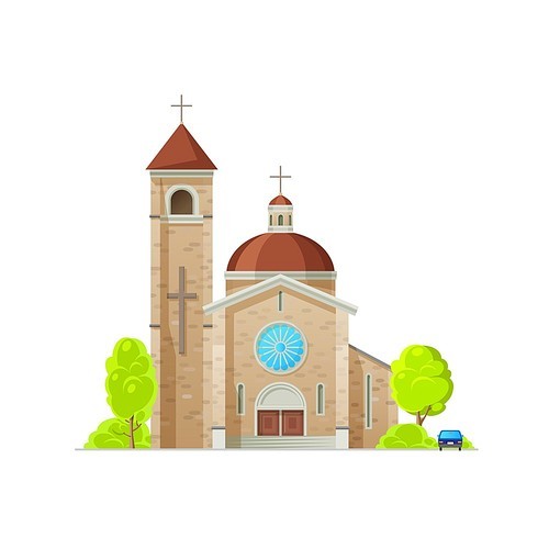 Catholic church, temple or cathedral with crosses, vector building of Christian religion architecture. Religious house with bell tower, chapel and steeple, crucifix and gothic stained glass window