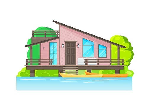 Modern house exterior with terrace and parked boats. Lake or river wooden cottage on piles vector residential home building or bungalow. Cartoon mansion facade architecture, villa with canoe