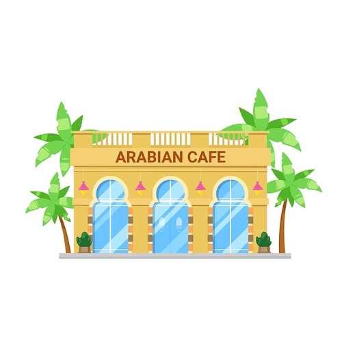 Arabian cuisine restaurant building vector icon. Arab cafe, bistro or bar isolated cartoon house, front exterior of Arabic building with arched windows, facade lamps, roof terrace and palm trees