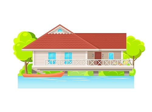 Modern suburban apartment by the water with parked boat. Vector stilt house, wooden cottage, bungalow or cabin at river or lake, isolated home with wood pier and terrace on piles, over water property