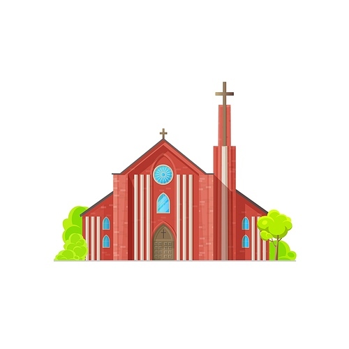 Protestant church building icon. Christian denomination temple, congregation pray house cartoon vector building exterior, facade with brick walls, bell tower or spire with cross, stained glass window