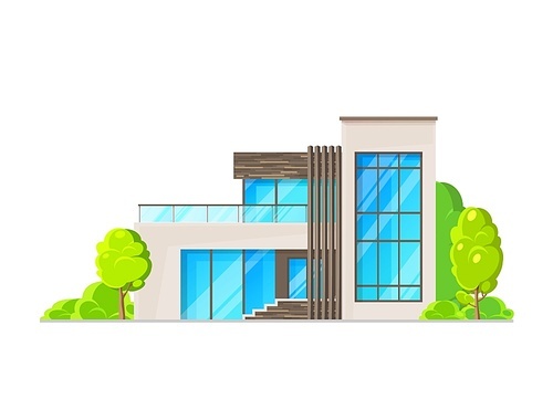 Modern two-story residential house framed by stone wall trim, vector home exterior facade. Suburban apartments with big windows or villa building, village cottage or townhouse with terrace on balcony