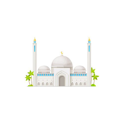 White arabian mosque building icon. Islamic religion ancient temple facade, muslim culture architecture attraction or isolated vector mosque with marble walls and golden crescents on minaret towers