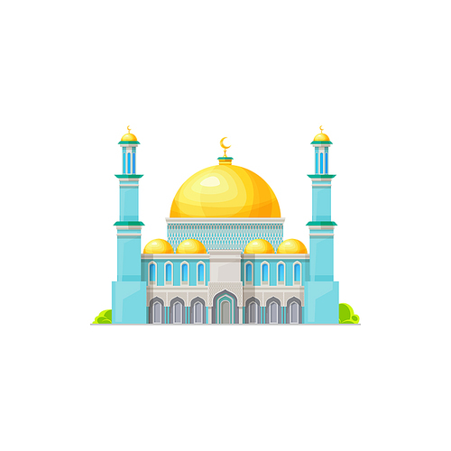 Muslim mosque vector building with gold dome, Islam religion architecture. Cartoon islamic mosque or masjid with minaret towers and gold crescents, house of prayer, Muslim worship place