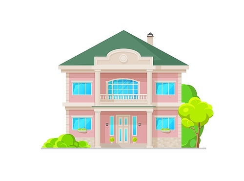 Suburban home building exterior with balcony and columns, residential neighborhood. Vector luxury house, cottage in classic style, architecture with marble pillars. Real estate mansion cartoon facade