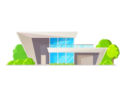 Modern luxurious house dwelling. Home exterior with big windows, terrace, flat root and garage. Villa or mansion building with contemporary design, real estate property or comfortable residence