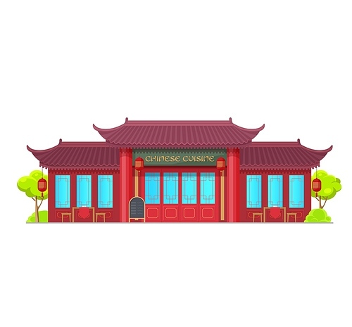 Chinese cuisine restaurant building vector icon of isolated red house with Asian paper lanterns, tables and chairs on terrace, hip roof and menu board stand. Oriental cafe or bar exterior