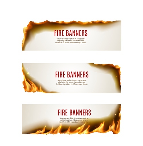Burning paper fire flames vector banners with borders and corners of realistic hot blaze, sparks, ash and smoke. Advertising flyer or hot sale offer coupon with bright yellow tongues of fire