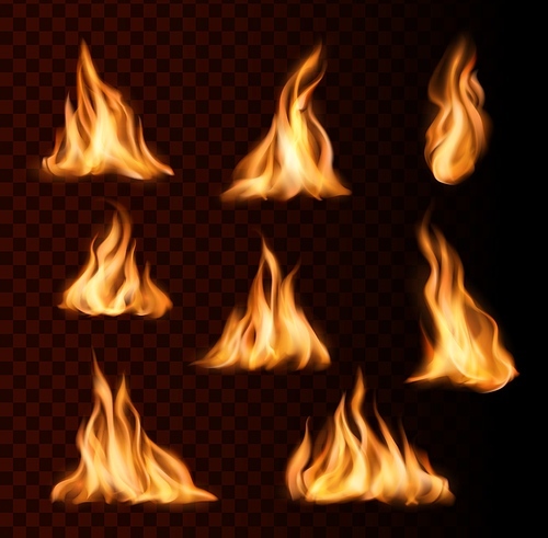 Realistic burning fire flames of bonfire on transparent background. 3d vector hot fire blaze, fiery energy of campfire, fireplace or wildfire, bright flare of torch or fireball, burning flame effects