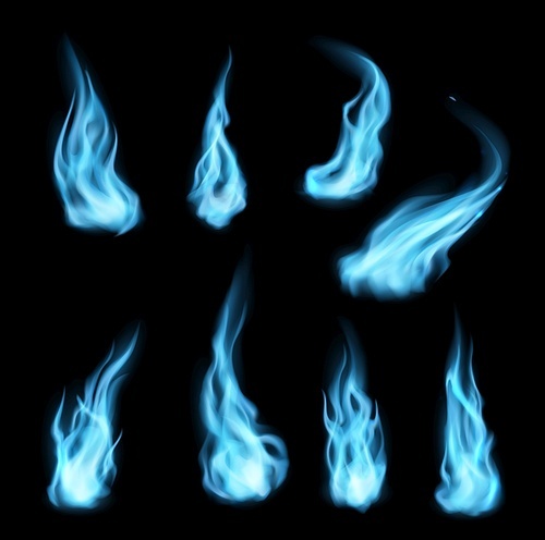Natural gas blue fire long trails isolated set. Vector flames with realistic burning tongues. Fossil burning, magic spell blaze 3d effect, glowing shining flare on black background