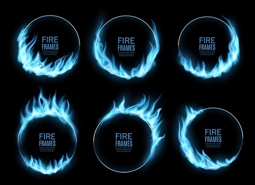 Round frames with blue gas fire flames and burning glow, vector borders. Circle frames of realistic fire burn and hotplate or gas burner flames of blue sizzling fiery heat