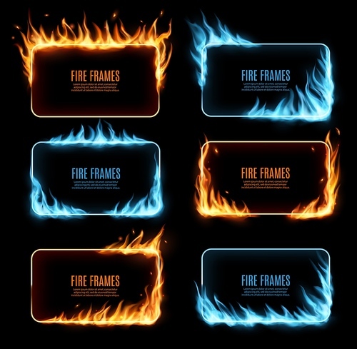Gas and fire flames, burning frames, vector rectangular borders with blue and orange blaze. Realistic 3d flare, burn glowing flame tongues on frame edges. Burned holes, isolated blazing borders set
