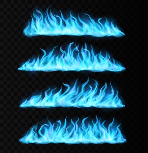 Blue realistic gas fire trails. Magic flames, fantasy and sorcery spell fire lines or borders. Natural gases, propane, methane or butane burning flames vector design elements