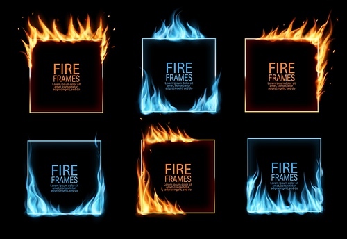 Square frames with gas and fire flames, borders of hot burning red blaze, vector. Fire frames and border of igniting light flares and fiery heat, realistic burnt edges with flaming glow