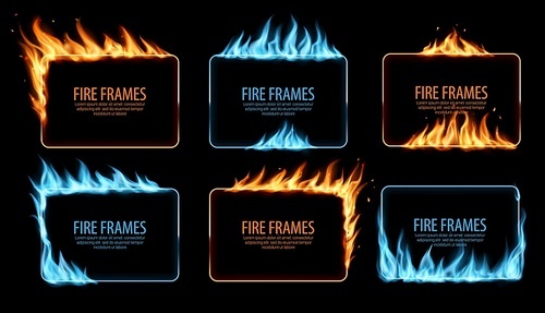 Gas and fire burning flame frames, vector rectangular borders with blue and orange blaze and flying sparks. Realistic 3d flare, burn glowing flame tongues on frame edges. Burned holes, isolated set