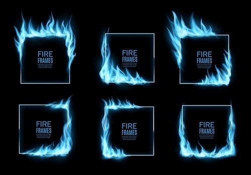 Square frames with blue gas fire flames, vector borders of burning blaze. Realistic fire burning cube frames and gas flame borders of blue, fiery heat, sizzling glow and igniting hotplate burner