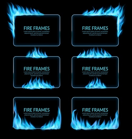 Natural gas blue fire flames frame borders realistic vector. Burning fire blaze with bright flares, flashes and glowing tongues rectangle frame border lines, edges and corners