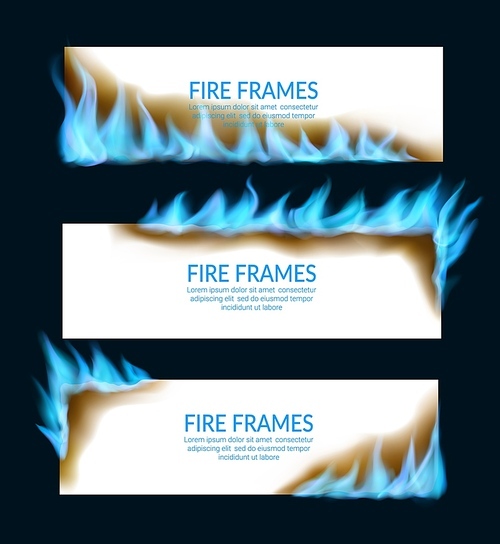 Burning paper banners with natural gas flames. Hot sale and discounts promotion, natural gas fueling or forge realistic vector horizontal banners with flaming blue, magic fire edges and corners