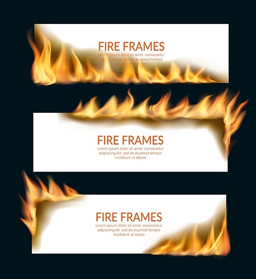 Burning paper banners with fire flames, vector horizontal pages, conflagrant cards template for advertising, Realistic 3d flaming frames. Isolated white burning smoldering paper blazing sheets set