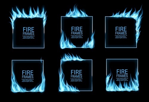 Square frames with blue gas fire flames and burning glow, vector borders. Realistic fire burn square frames of hotplate or gas burner flames with blue sizzling fiery heat and blazing edges