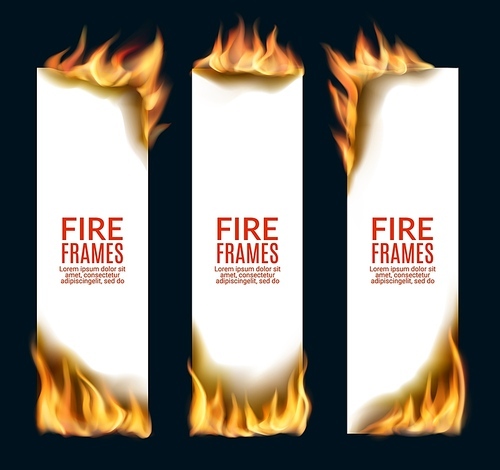 Burning paper banners with fire flames, burnt edges and corners, hot blaze flares and fire tongues. Flaming paper pages, parchment scrolls or sheets realistic 3d vector of sale promotion