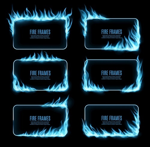 Natural gas blue fire flames on frame. Heating and fuel market, forge or hot sales horizontal banner, frame or corner with realistic vector burning blue methane, propane or butane gas blue flames
