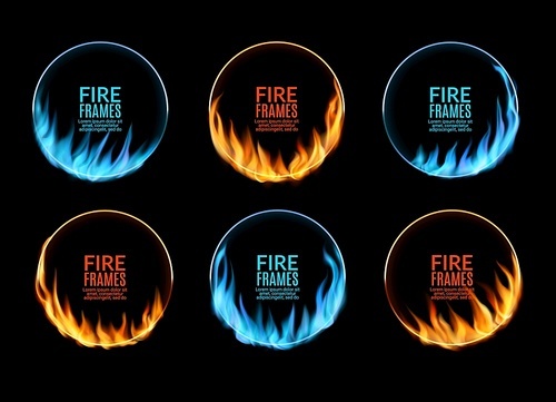 Round frames of gas and fire flames, realistic vector circles of blue and hot red burning blaze. 3d border lines of fire flashes, inferno lights, magic flare rings and fireballs on black background