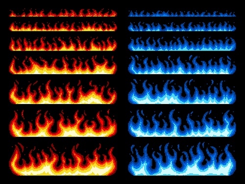 Pixel art fire, game animation of blue and red flames, vector 8 bit asset and effects. Cartoon pixel art fire or video game arcade firewall and burning bonfire, 8bit animated fireball or blaze flames