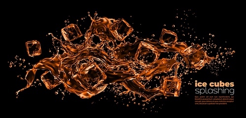 Realistic ice cubes and whiskey wave splashes, vector flow background. Frozen ice cubes whirl splash for premium alcohol drinks, whiskey or bourbon and cognac and rum pouring with drops ripples