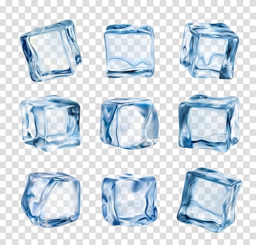 Ice cubes, realistic crystal ice blocks isolated on transparent background. 3d vector blue glass icy pieces for drink cooling, clean square frozen water blocks set for alcohol or cocktail beverages