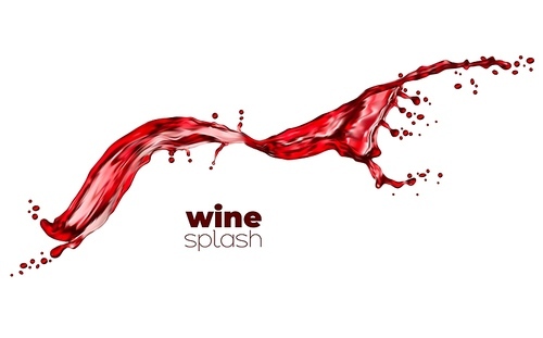 Isolated red wine and juice wave flow with drops. Vector liquid splash of alcohol or refreshing drink. Splashing wine wave, dynamic motion 3d with spray droplets. Realistic red beverage