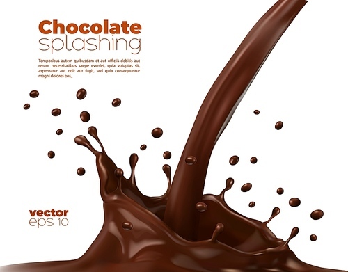 Isolated chocolate or cocoa milk vector flow with crown splash, splatters and drops on white background, sweet dessert food or drink. Pouring liquid chocolate, melted choco, cacao drink