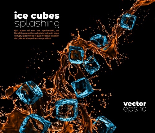 Blue ice cubes in whiskey, cognac or rum, bourbon and brandy splashes. Vector background of crystal ice cubes falling in pour wave flow to alcohol drink with splashing drops